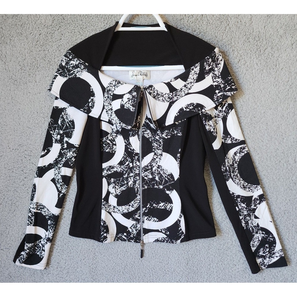 Joseph Ribkoff Women 6 Long Sleeve Zip Top Black White Geometric Portrait Collar